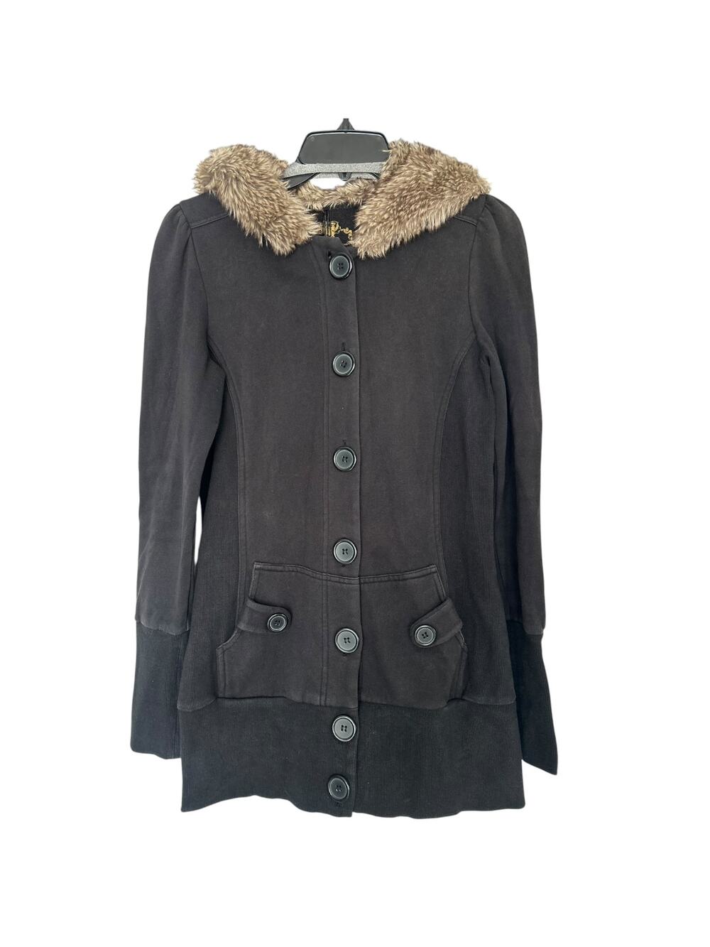 Forever Black Hooded Jacket Coat Faux Fur Trim Button Front Size Medium